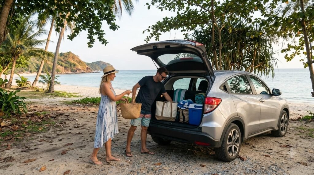 Couple with rental car at a Koh Samui beach – freedom to explore