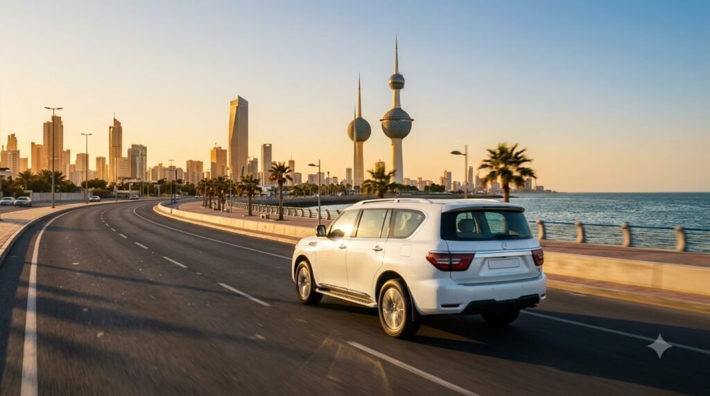 White rental SUV driving on Gulf Road in Kuwait City with Kuwait Towers in the background