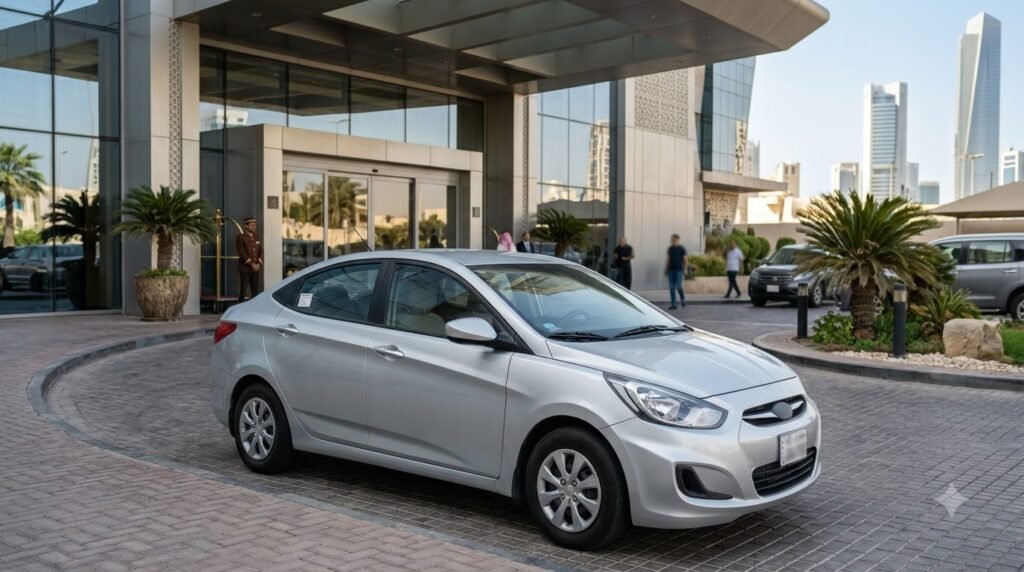 Economy rental car parked outside a hotel in Kuwait City