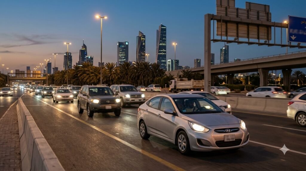 Car driving through Kuwait City traffic during a weekend evening