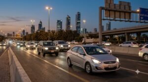 Car driving through Kuwait City traffic during a weekend evening