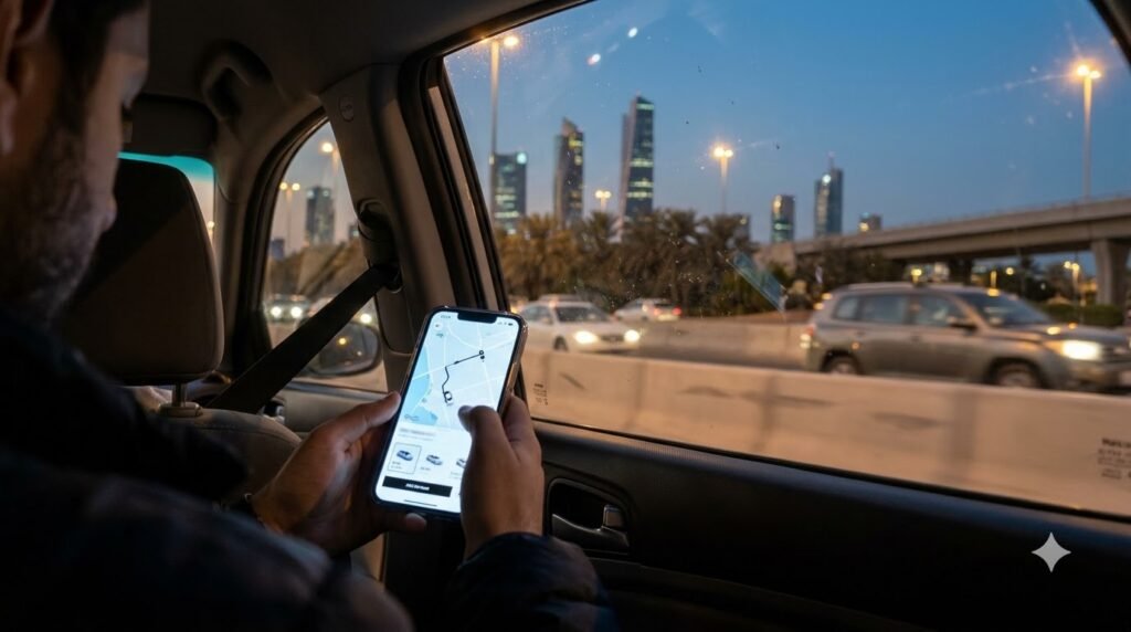 Person using a ride-hailing app on a smartphone inside a car in Kuwait