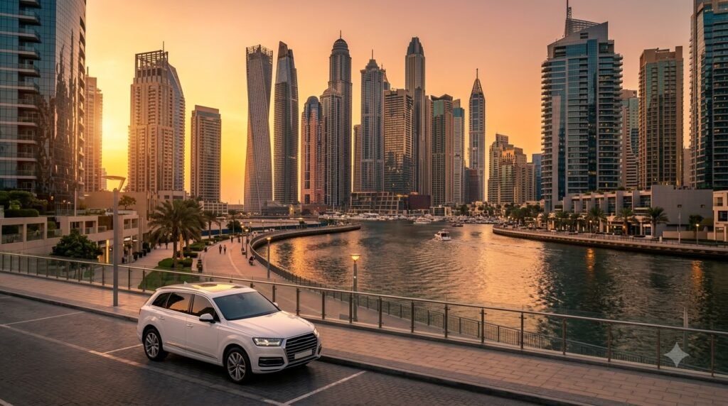 Car rental Business Bay Dubai with skyline and Dubai Canal at sunset
