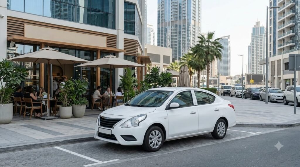 White Nissan Sunny rental car parked outside a café in Business Bay Dubai