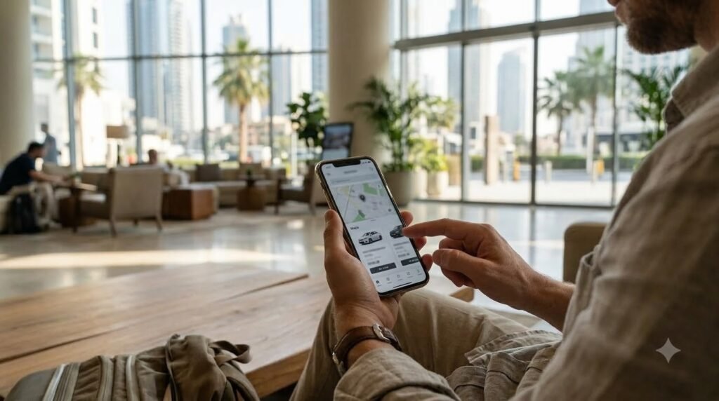 Traveler comparing cheap car rental prices in Dubai on a mobile phone