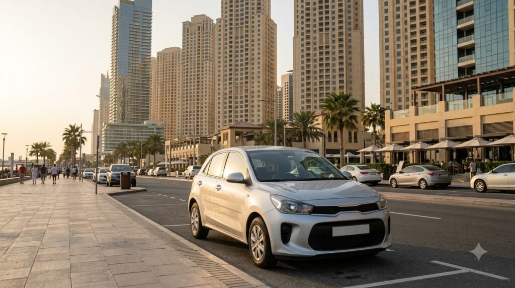 Rental car near Jumeirah Beach Residence Dubai with beachfront buildings