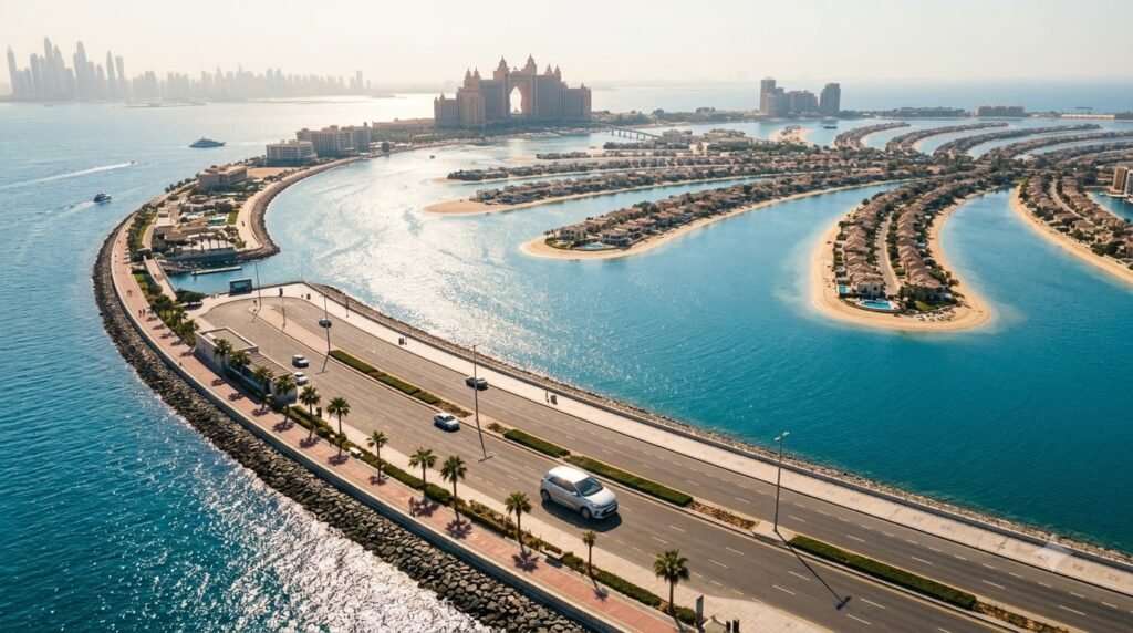 Car rental Dubai Palm Jumeirah with Atlantis and palm-shaped island view