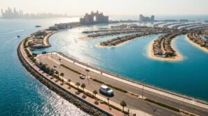 Car rental Dubai Palm Jumeirah with Atlantis and palm-shaped island view