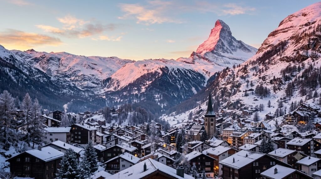 Sunrise over the Matterhorn with Zermatt village rooftops in the foreground"