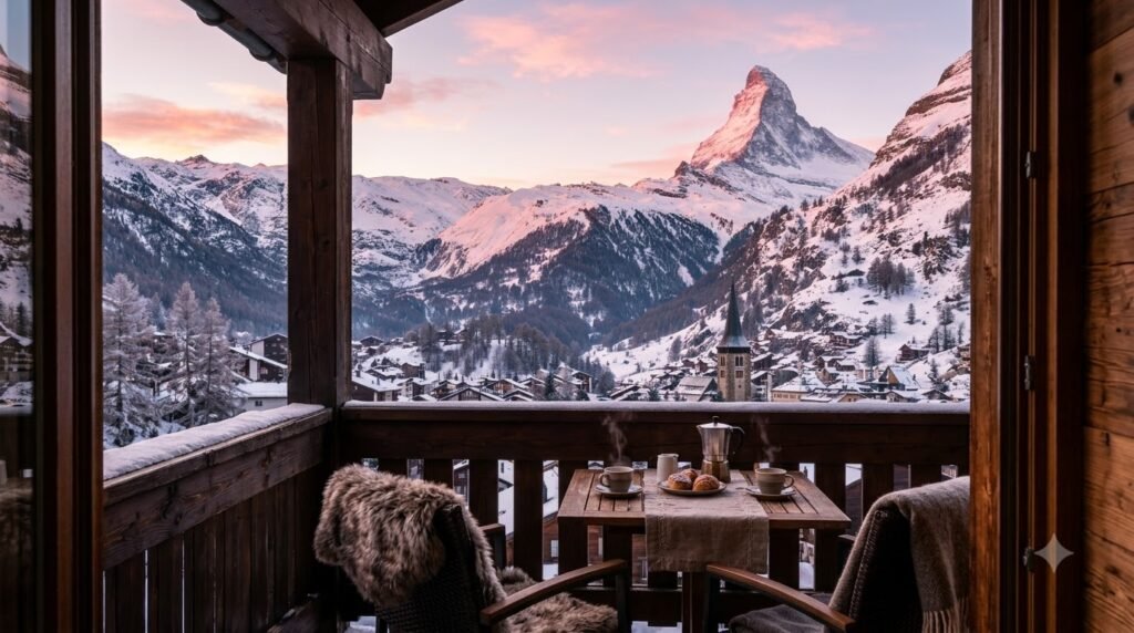 Hotel balcony with Matterhorn view at a Zermatt hotel