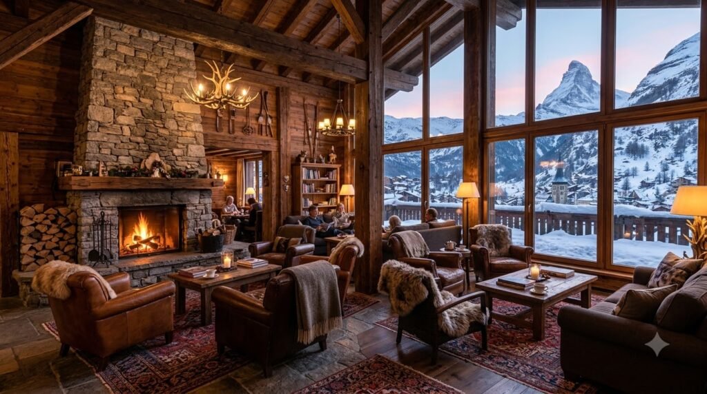 Elegant hotel lounge with fireplace in Zermatt