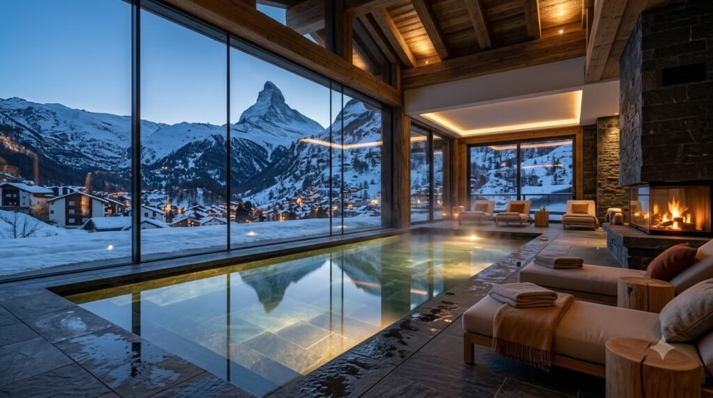 Couple walking through snowy Zermatt village at dusk