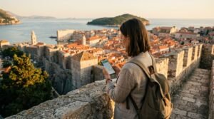 Tourist using an eSIM Croatia data plan on Dubrovnik city walls at sunset.