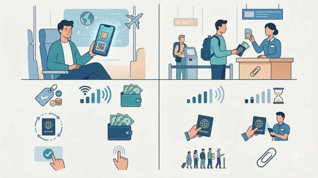 Visual comparison of Croatia eSIM, local SIM card, and roaming options