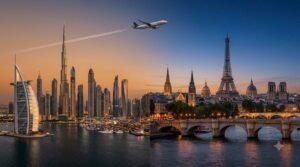 Skyline of Dubai or Abu Dhabi blended with a European landmark