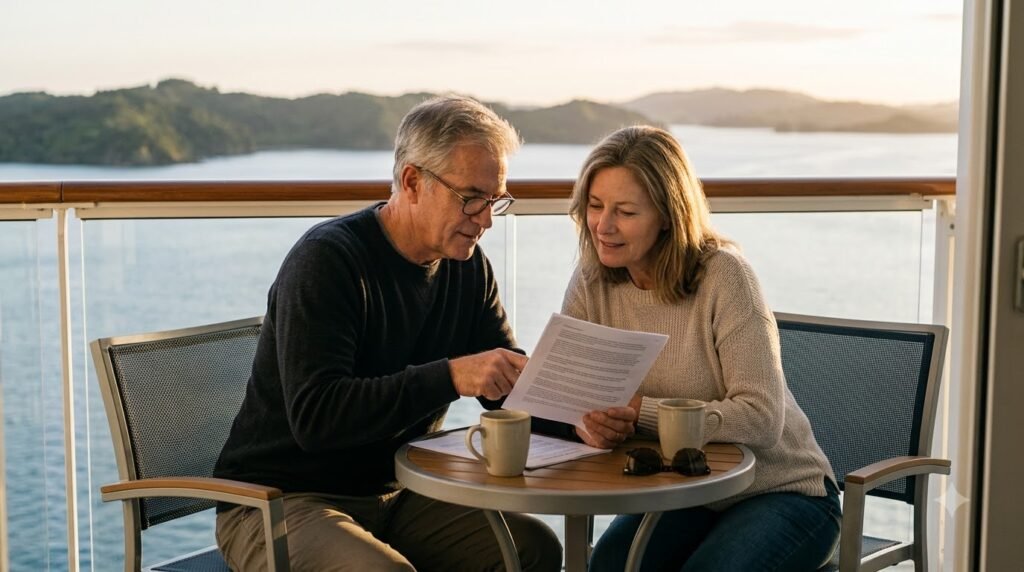 Couple reviewing travel insurance documents on a cruise balcony.