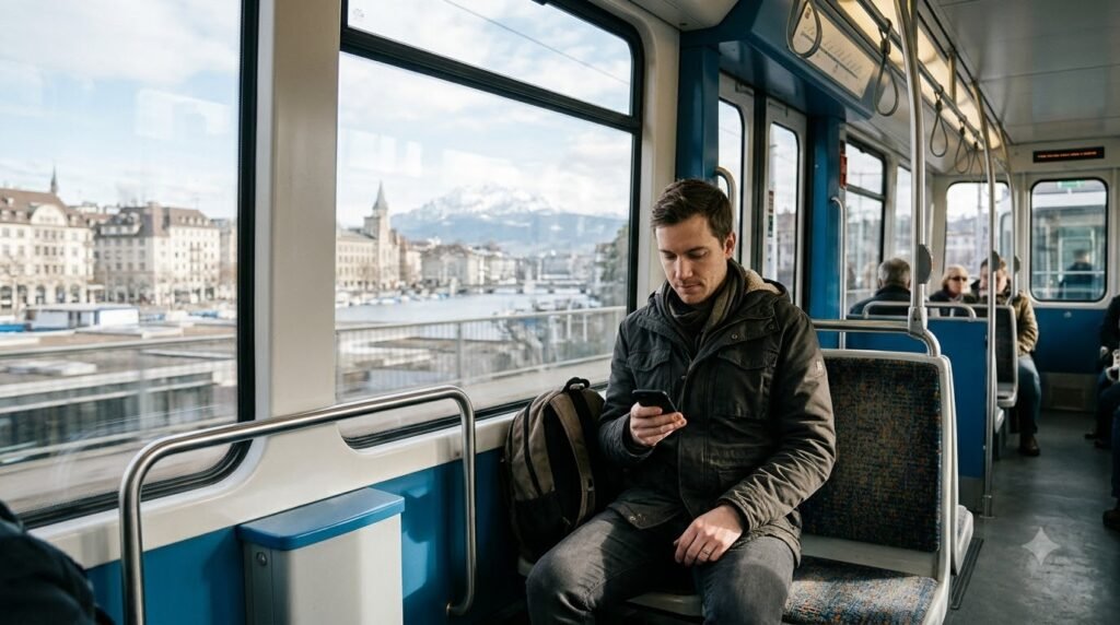 Traveler checks a phone on a Zurich tram with the Alps in the distance.