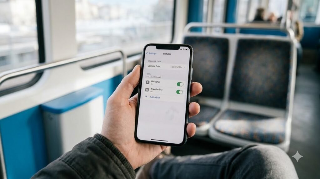 A phone’s cellular settings showing a travel eSIM line.