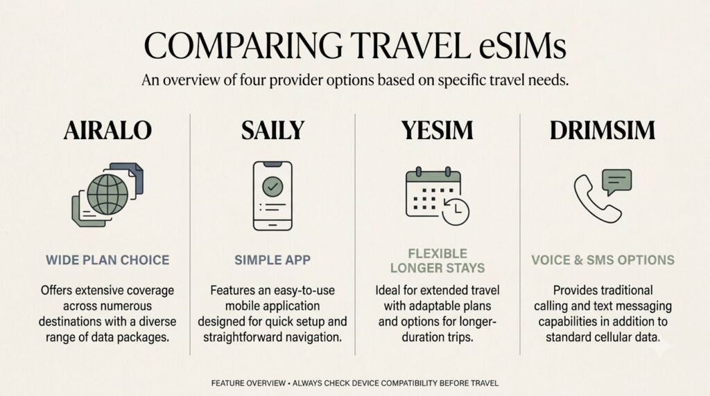 Overview of four eSIM providers and the type of traveler each may suit.