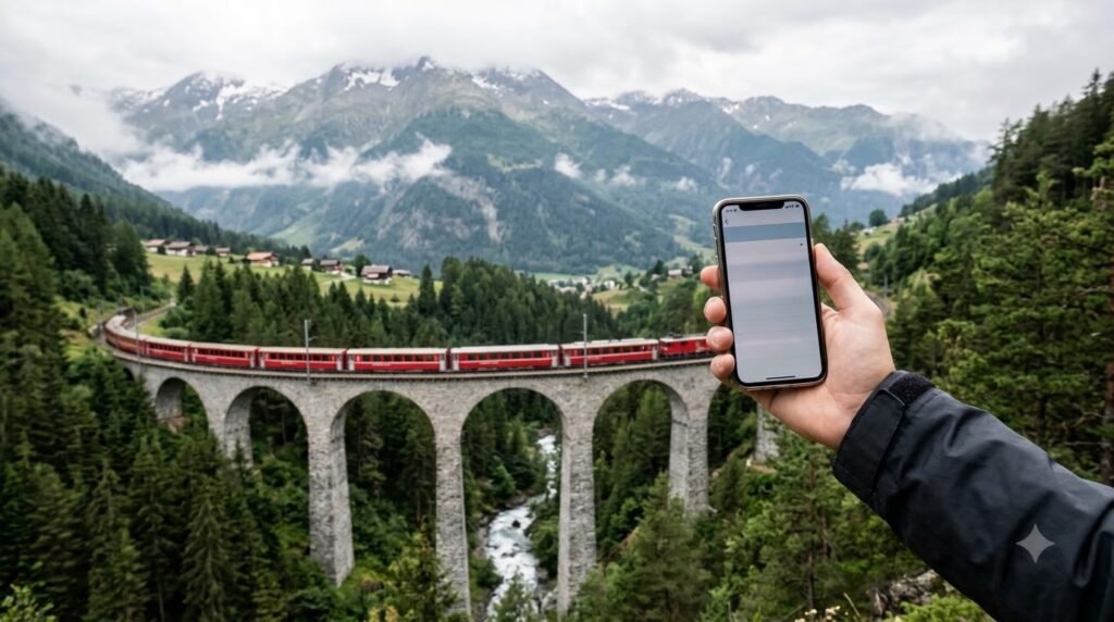 A phone with signal bars beside a train crossing a bridge in the Swiss Alps
