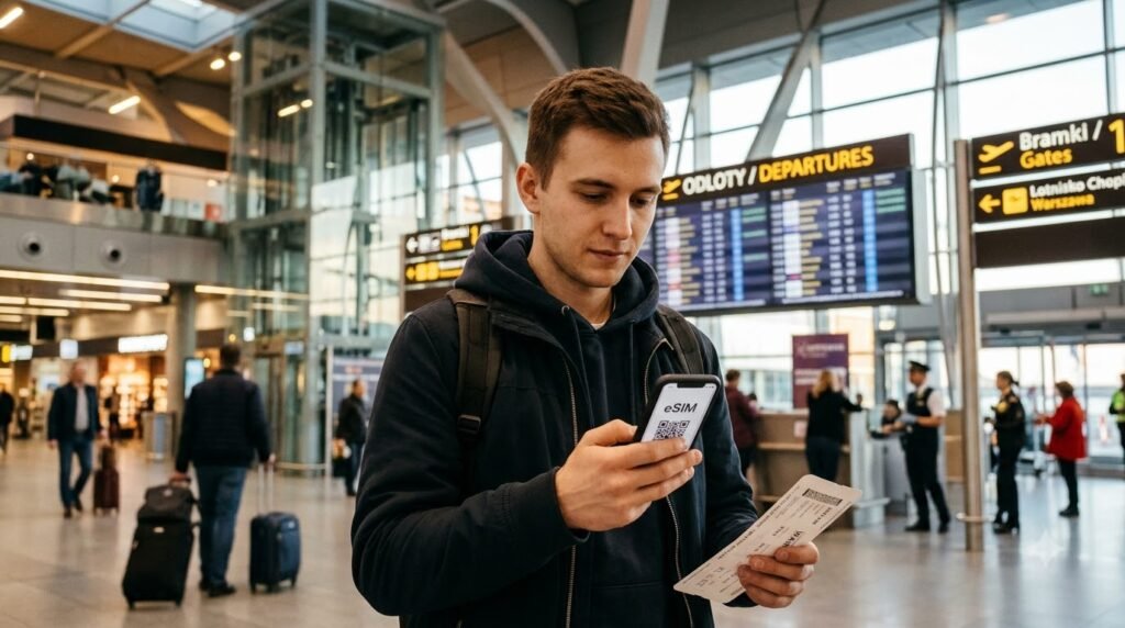 Polish traveler setting up eSIM USA before a flight at Warsaw Chopin Airport