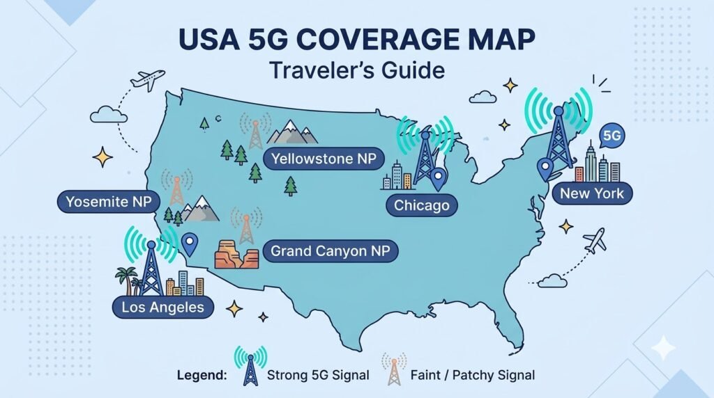 USA mobile network coverage map for tourists showing city and rural signal differences for eSIM