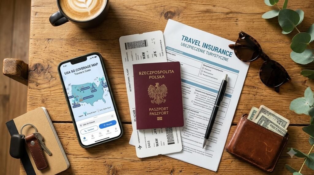 Smart traveler essentials including smartphone with USA eSIM, passport, and travel insurance documents