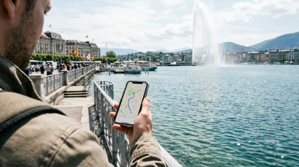 Traveler checks a map by Geneva’s waterfront, with the Jet d’Eau behind them