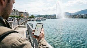 Traveler checks a map by Geneva’s waterfront, with the Jet d’Eau behind them