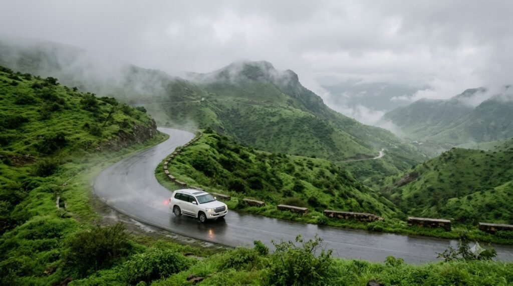 White SUV on a misty mountain road in Dhofar, Oman, during Khareef season.