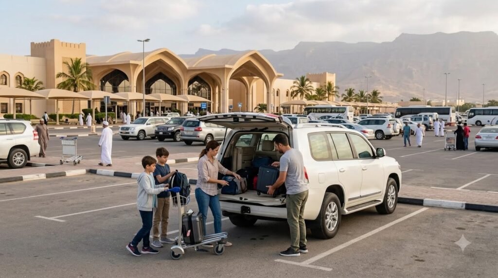 Family loading luggage into a rental SUV at Salalah Airport.