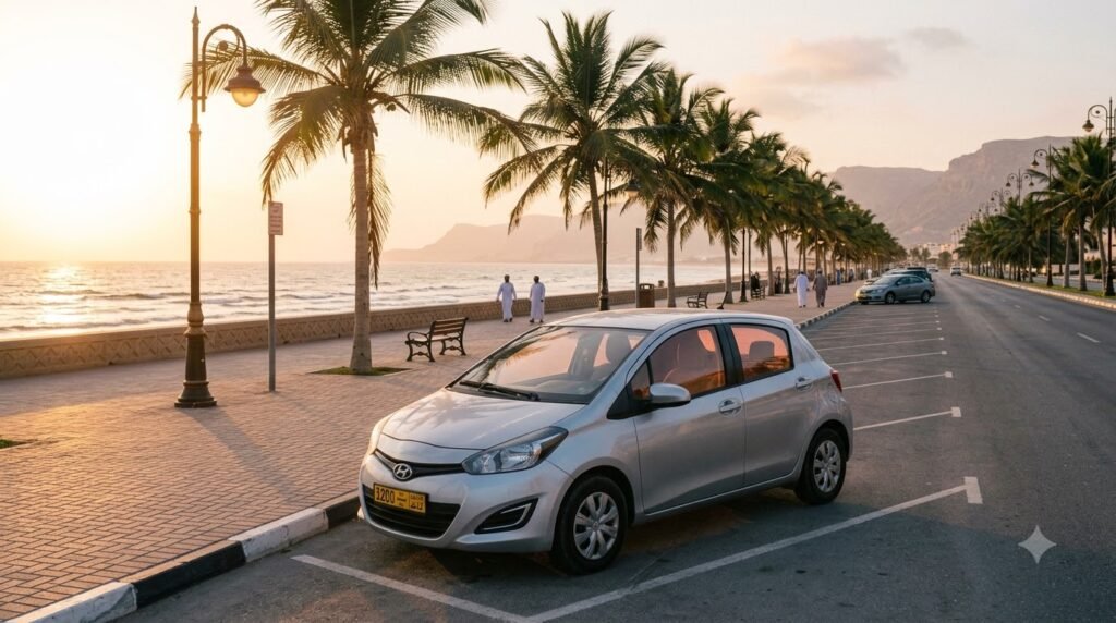 Compact rental car beside Salalah Corniche at sunset in Oman.