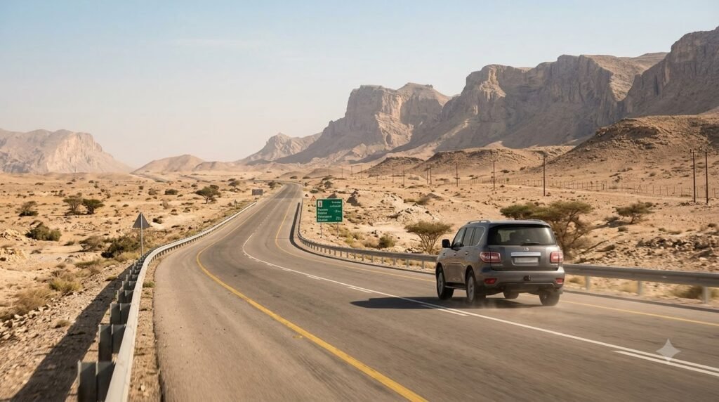 SUV travelling on a long highway through Oman's desert landscape.
