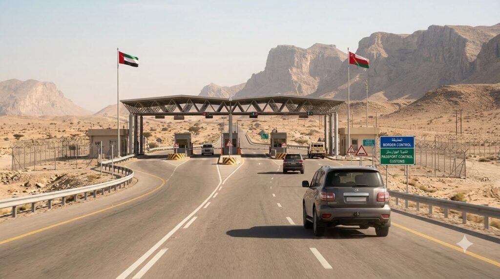 SUV approaching the UAE–Oman border on a desert highway.