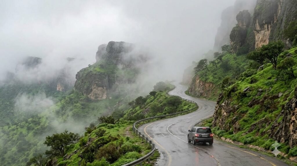 SUV on a misty mountain road near Jebel Samhan in Oman.