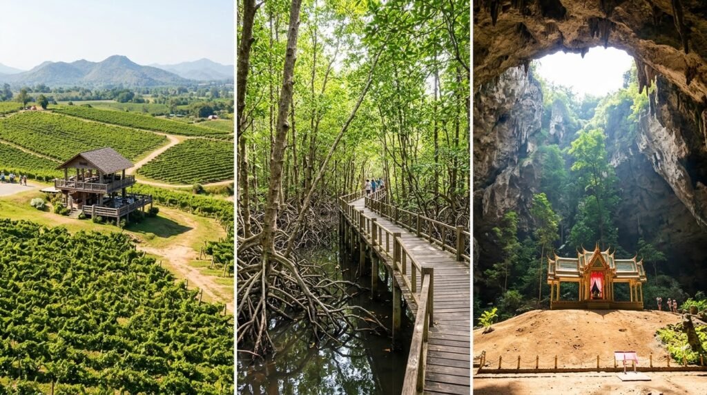 Collage of Hua Hin Hills Vineyard, Pranburi Forest Park, and Phraya Nakhon Cave reachable by rental car