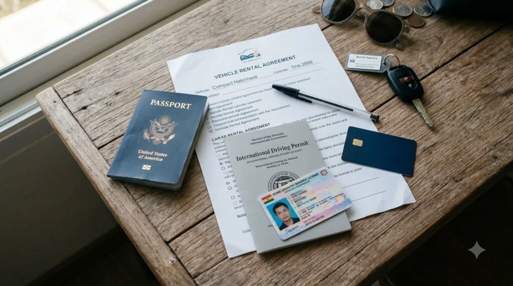 Passport, international driving permit, driver’s license, credit card, and rental agreement needed to rent a car in Thailand.