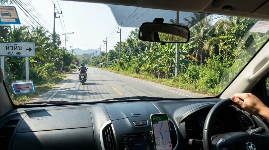 View from a rental car driving on the left side of the road in Hua Hin, Thailand.