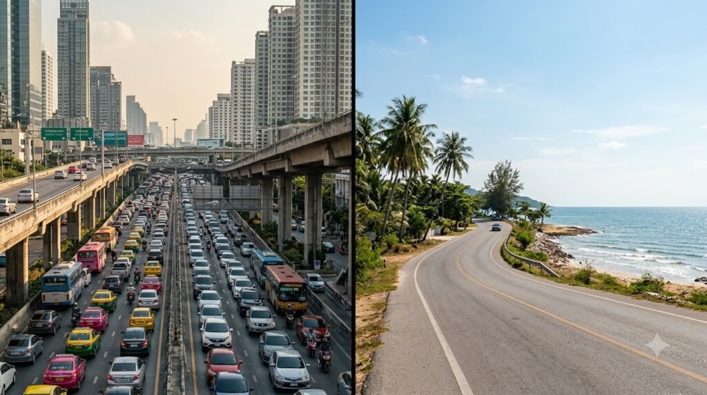 Comparison of Bangkok traffic and a relaxed coastal road near Hua Hin for choosing a car rental pickup location