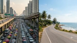 Comparison of Bangkok traffic and a relaxed coastal road near Hua Hin for choosing a car rental pickup location