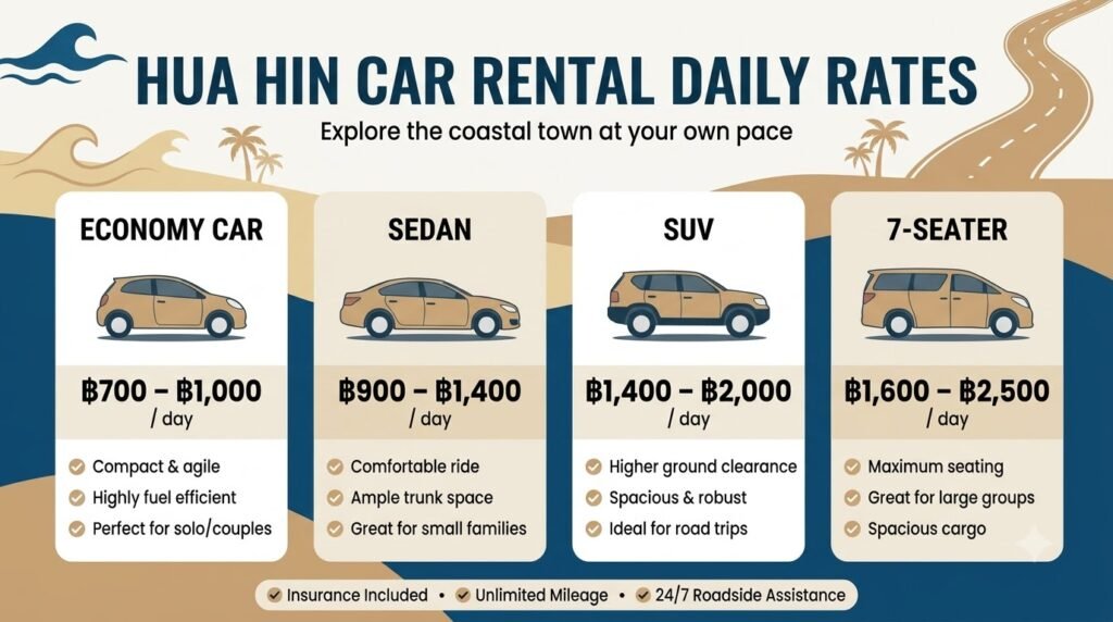 Infographic showing typical Hua Hin car rental daily rates for economy cars, sedans, SUVs, and seven-seaters.