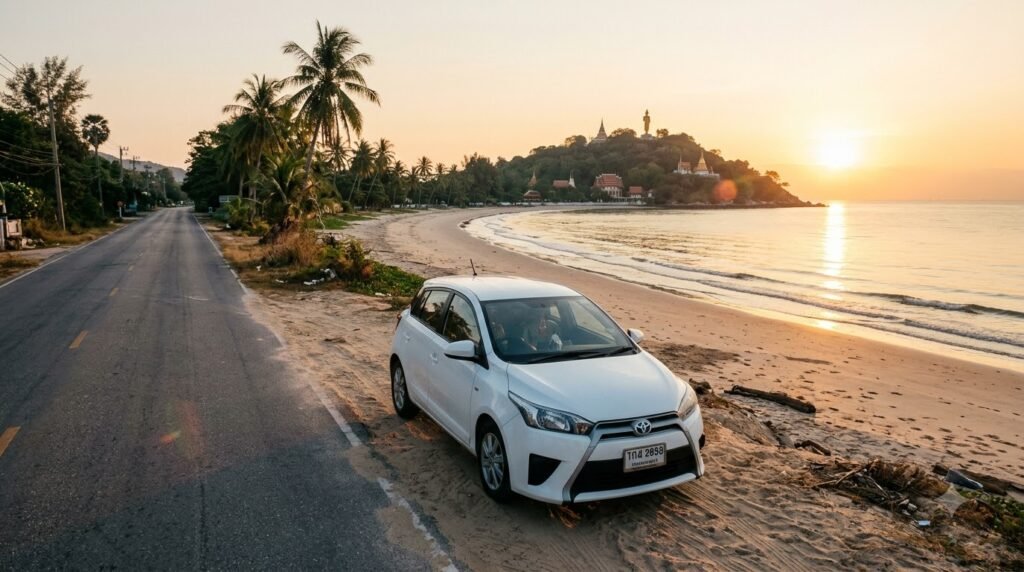 White compact rental car parked near Khao Takiab Beach in Hua Hin, Thailand at sunrise.