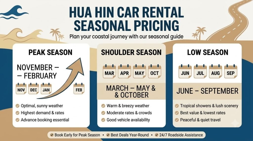 Seasonal chart showing Hua Hin car rental peak season prices from November to February and lower rates from June to September.